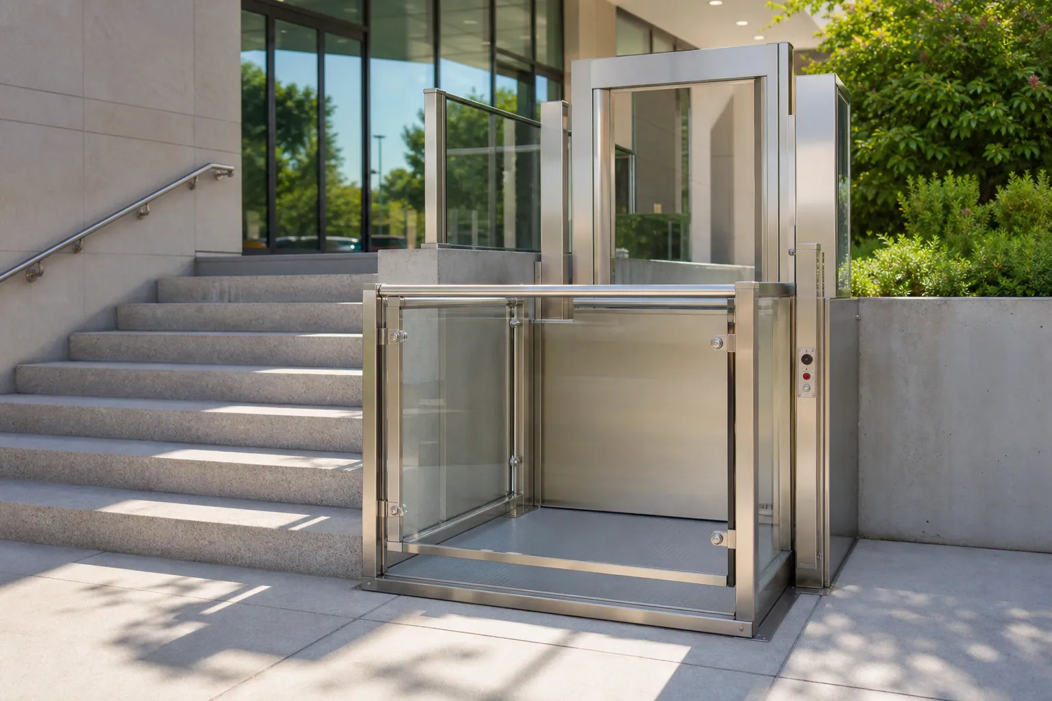 Wheelchair platform lift beside stairs