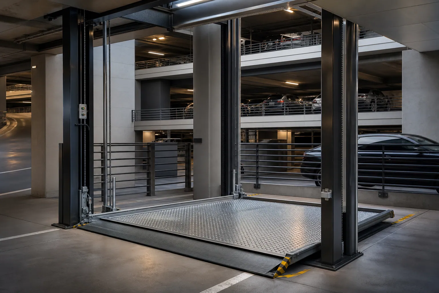 Automotive lift in a modern parking garage