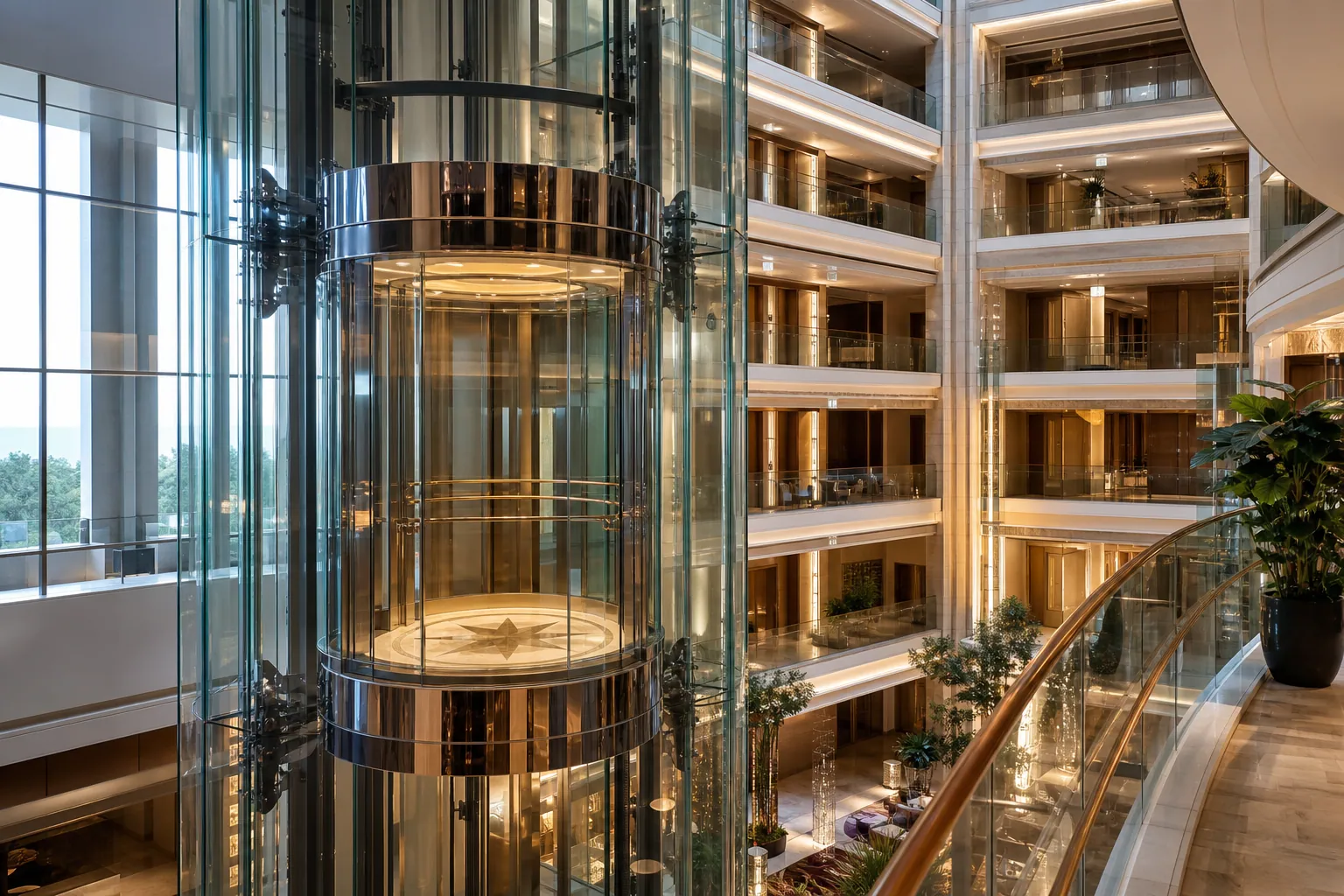 Panoramic glass elevator in a hotel atrium